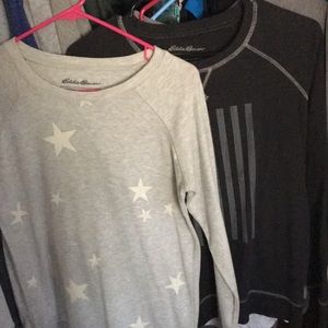 Two women’s Eddie Bauer legend wash sweatshirts.
